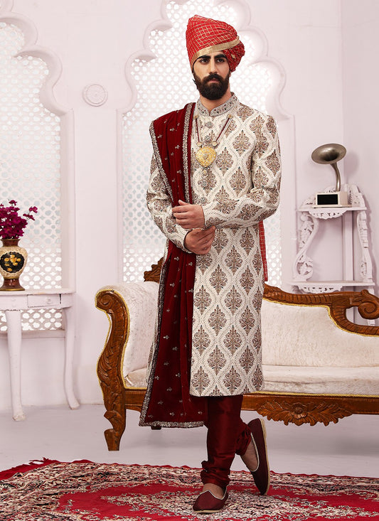 Embroidered Banarasi Silk Off White Sherwani - M3315