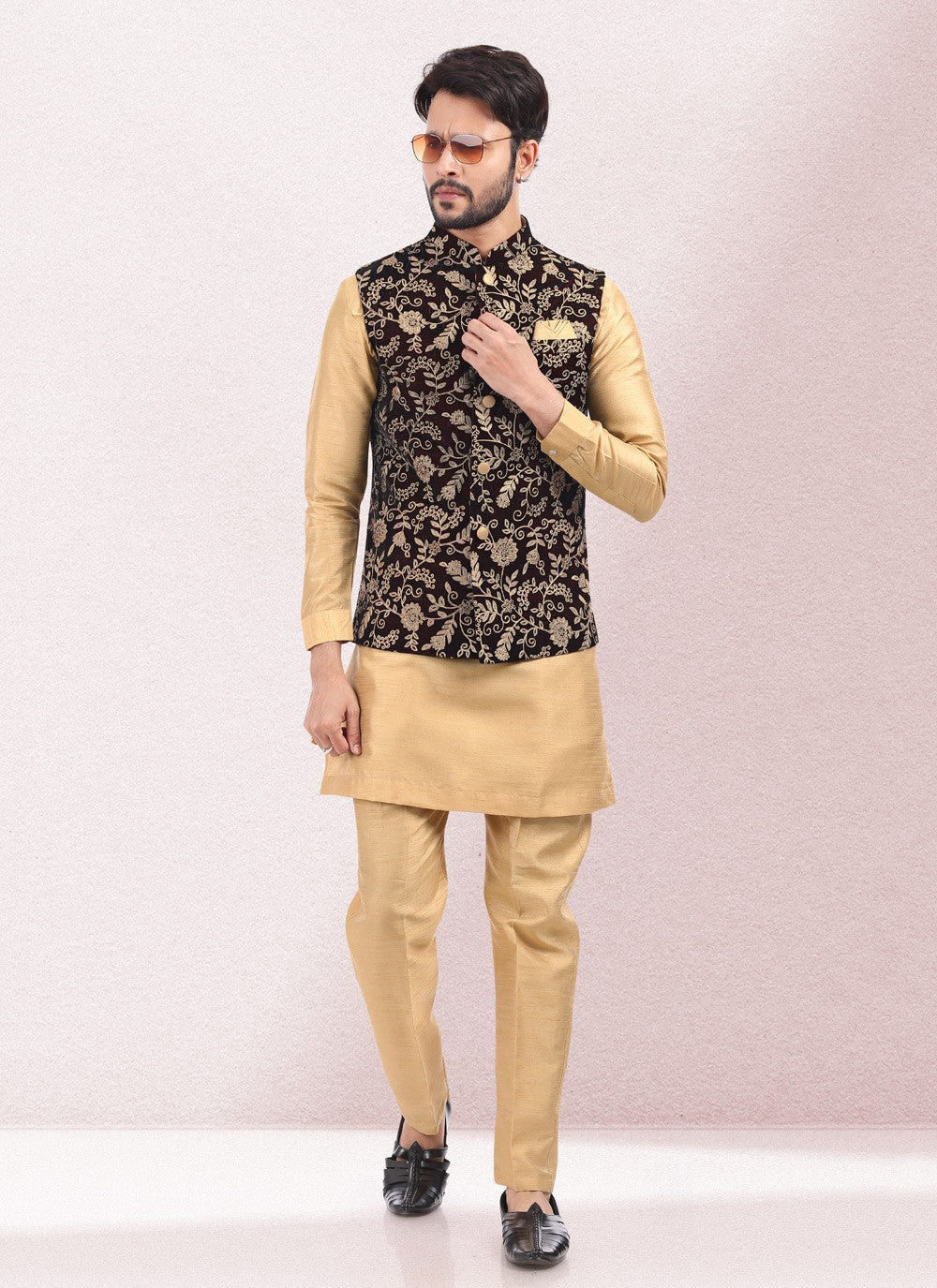 Thread Banarasi Silk Beige, Wine Kurta Payjama With Jacket - M5141