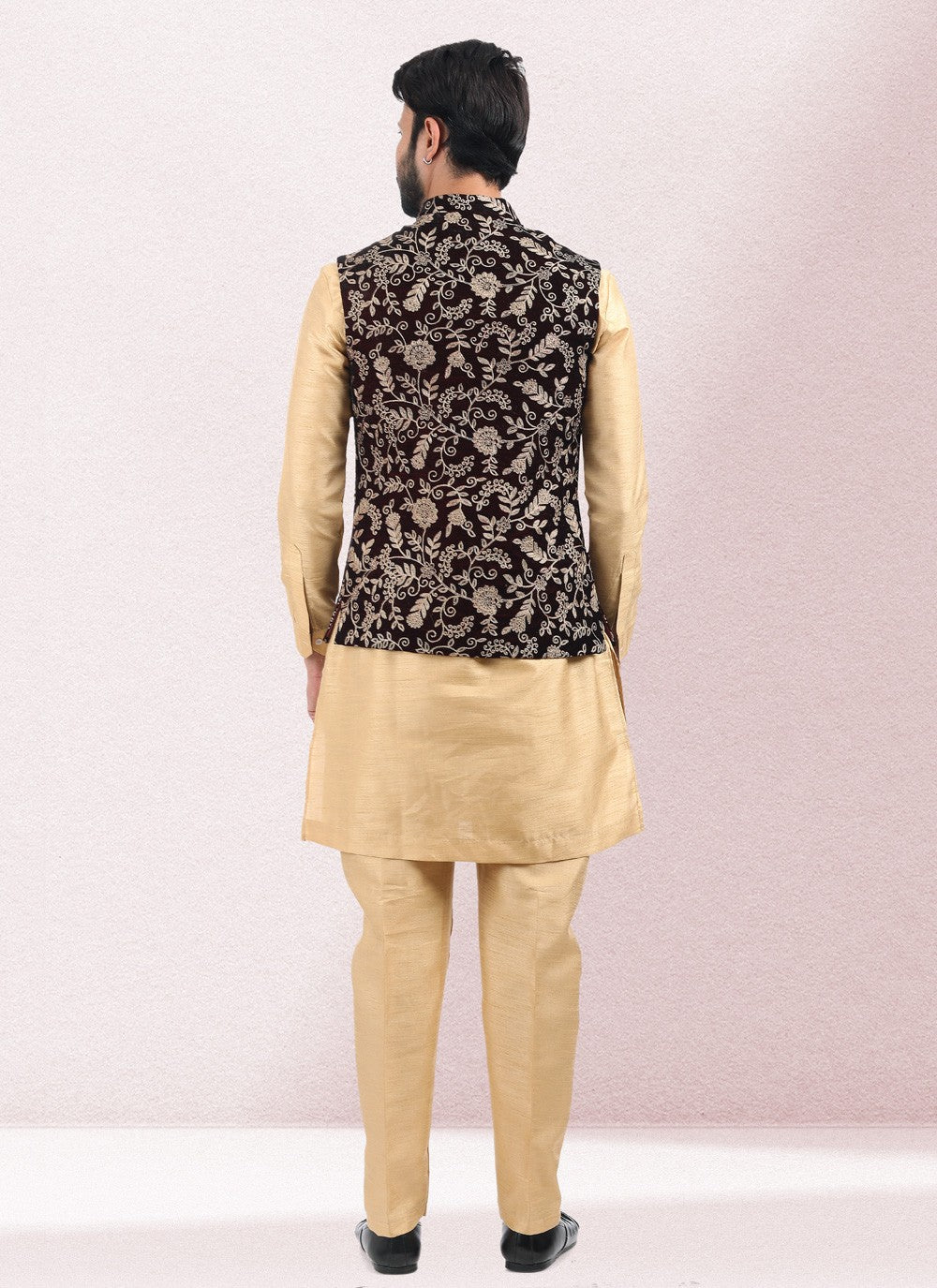 Thread Banarasi Silk Beige, Wine Kurta Payjama With Jacket - M5141