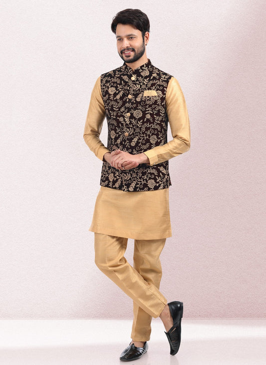 Thread Banarasi Silk Beige, Wine Kurta Payjama With Jacket - M5141