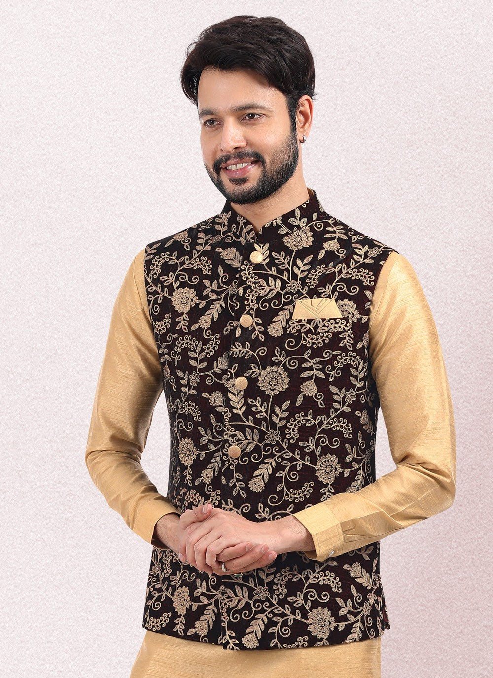 Thread Banarasi Silk Beige, Wine Kurta Payjama With Jacket - M5141