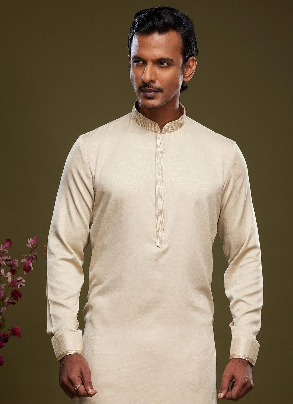 Thread Banarasi Silk Beige Kurta Pyjama - M6057