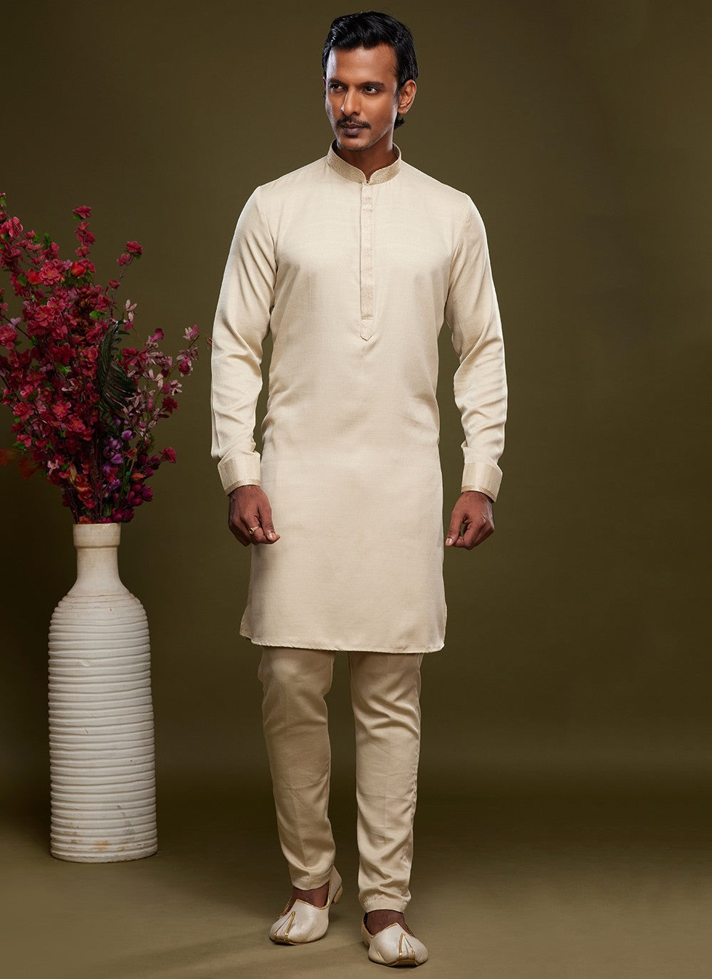 Thread Banarasi Silk Beige Kurta Pyjama - M6057