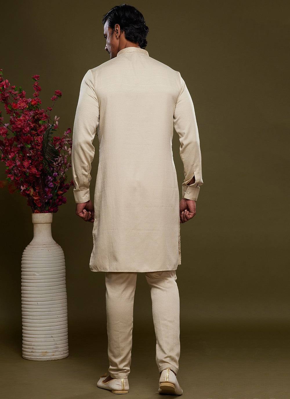 Thread Banarasi Silk Beige Kurta Pyjama - M6057