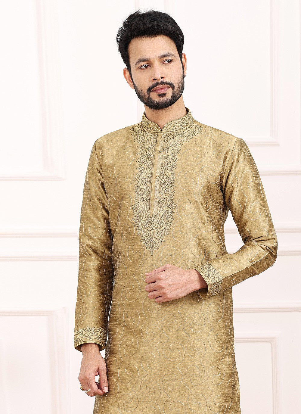 Thread Banarasi Silk Beige Kurta Pyjama - M6123