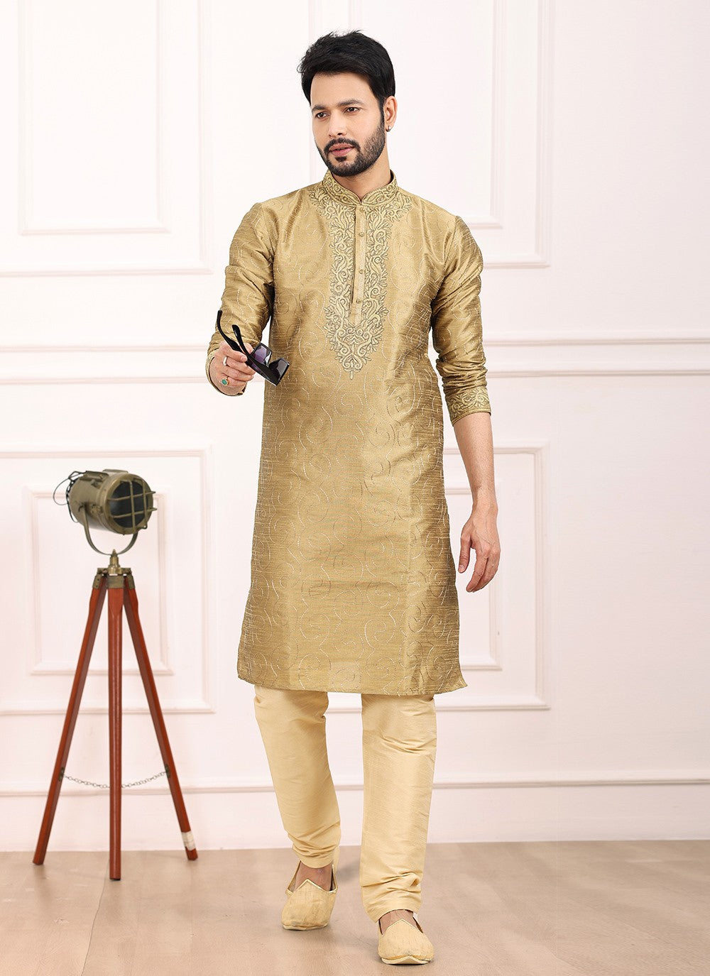 Thread Banarasi Silk Beige Kurta Pyjama - M6123