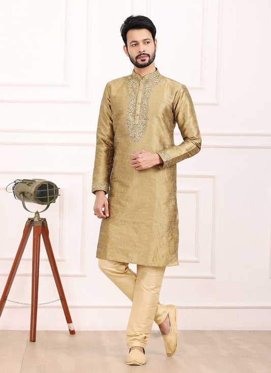 Thread Banarasi Silk Beige Kurta Pyjama - M6123