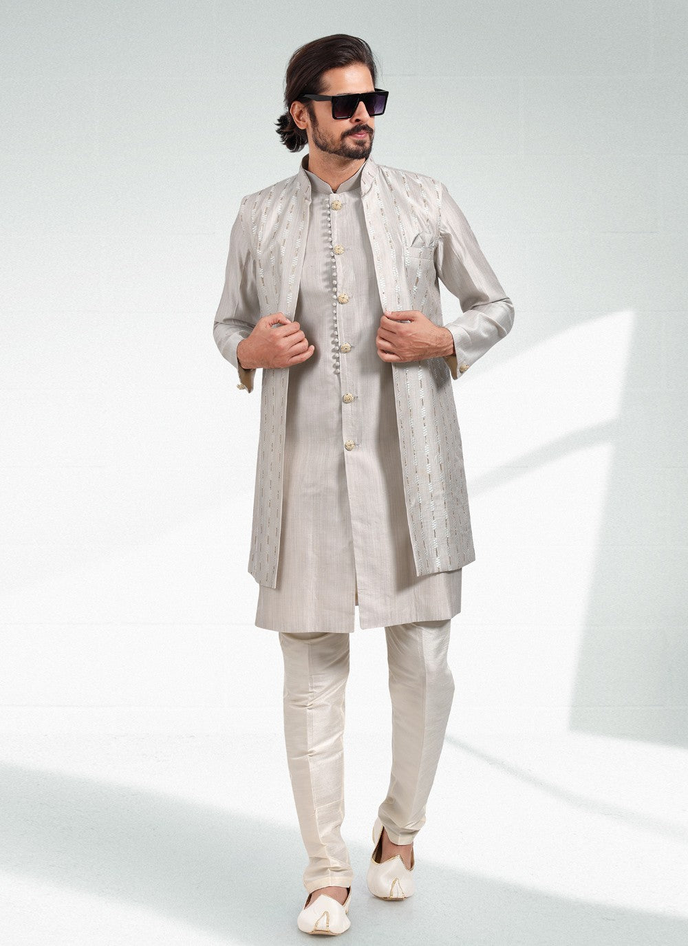 Thread Banarasi Silk Grey Kurta Payjama With Jacket - M4606