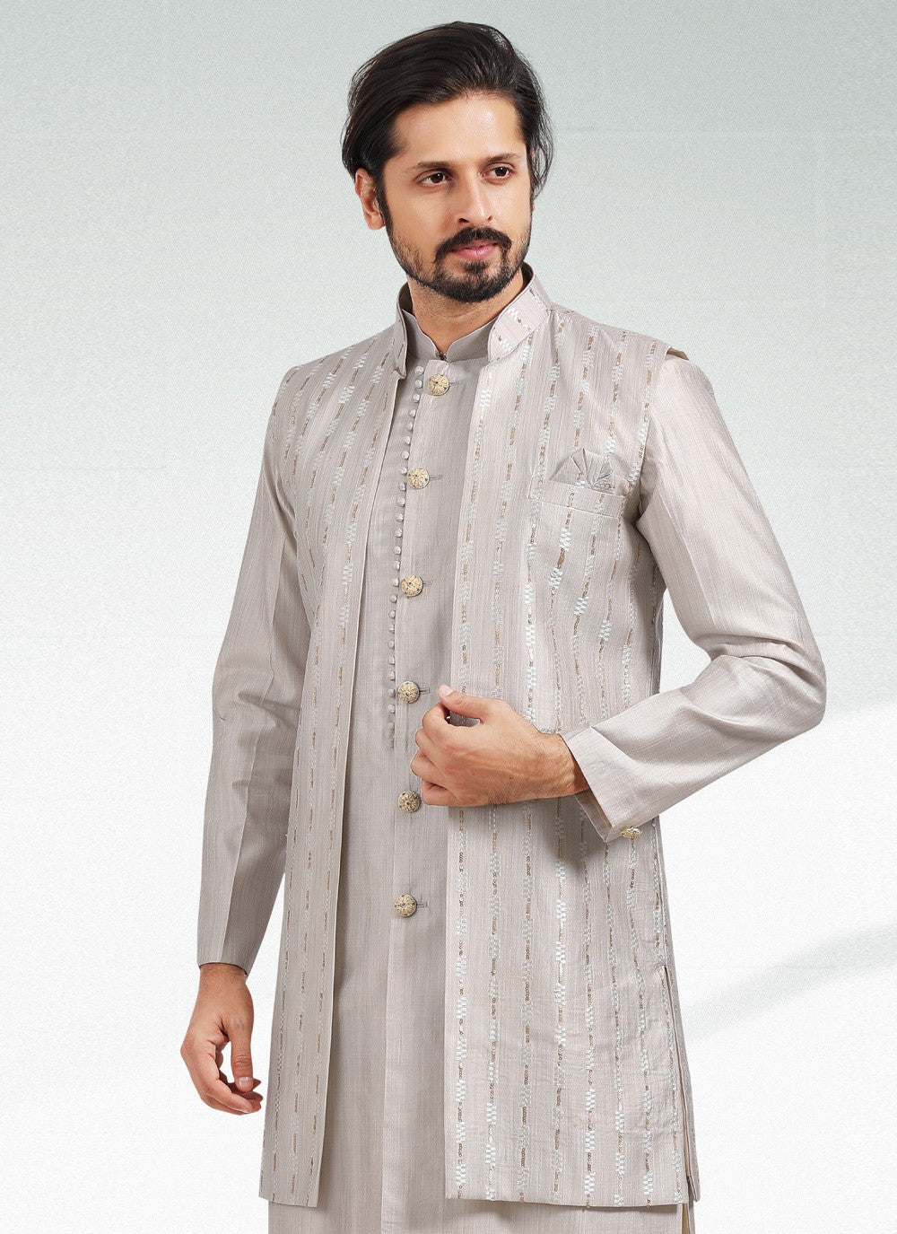 Thread Banarasi Silk Grey Kurta Payjama With Jacket - M4606