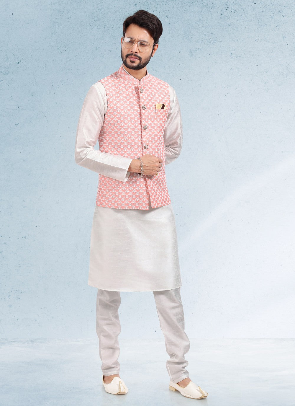 Thread Banarasi Silk Off White, Peach Kurta Payjama With Jacket - M4609