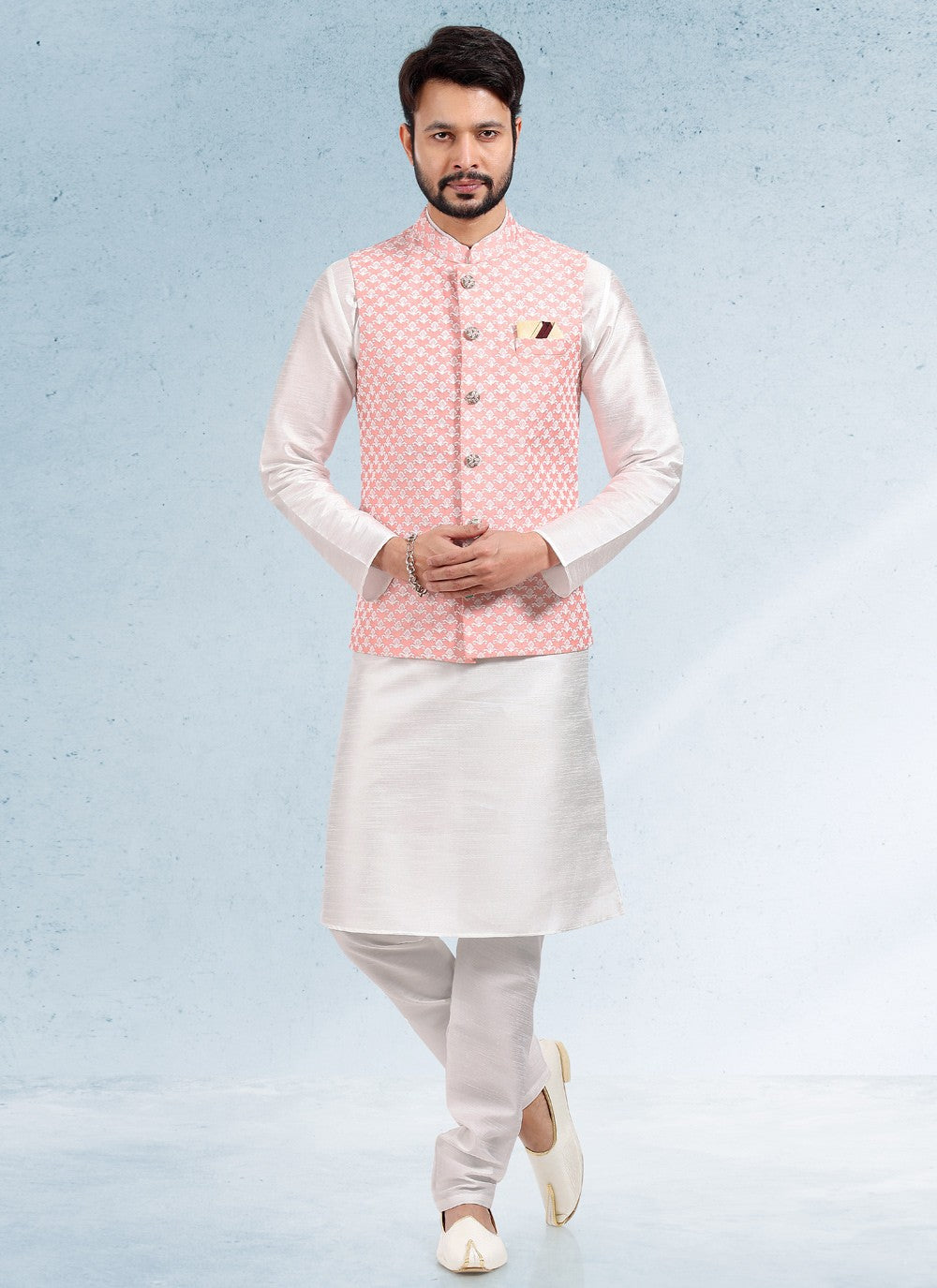 Thread Banarasi Silk Off White, Peach Kurta Payjama With Jacket - M4609