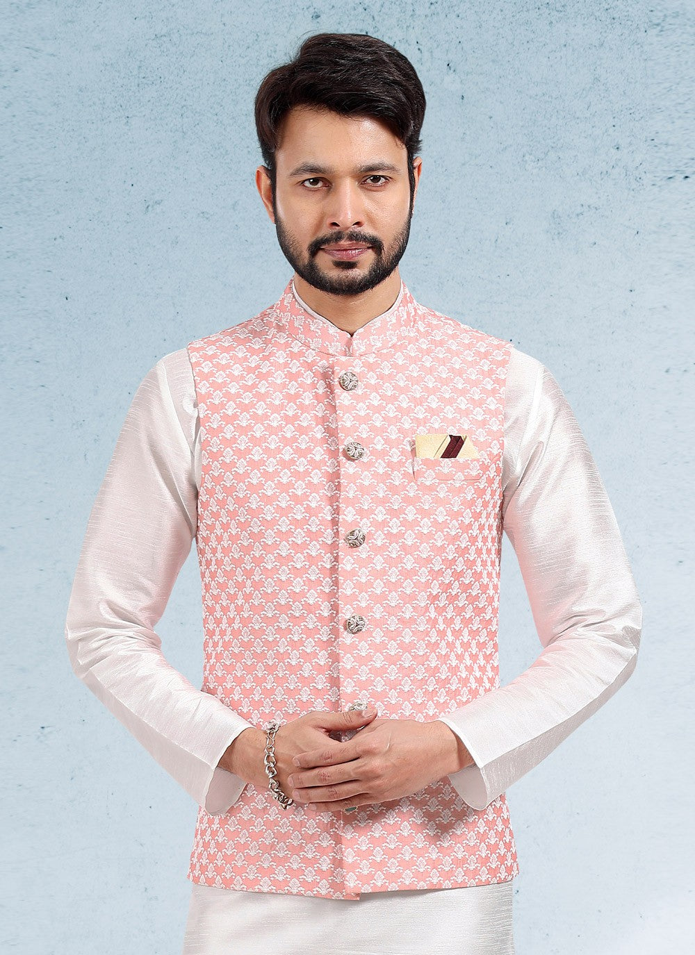 Thread Banarasi Silk Off White, Peach Kurta Payjama With Jacket - M4609