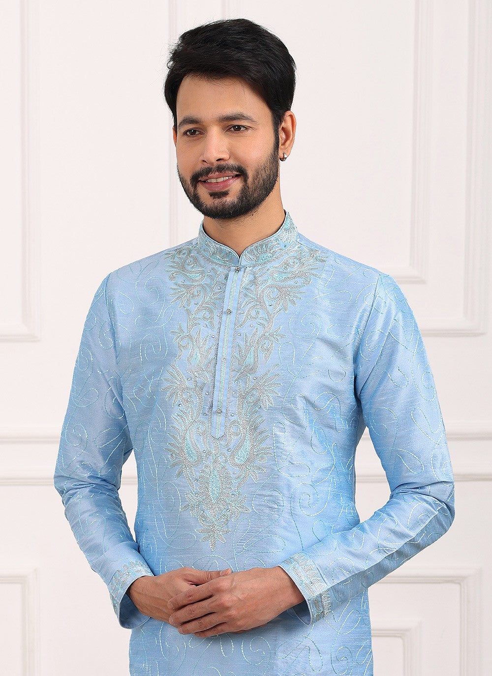 Thread Banarasi Silk Aqua Blue Kurta Pyjama - M6122