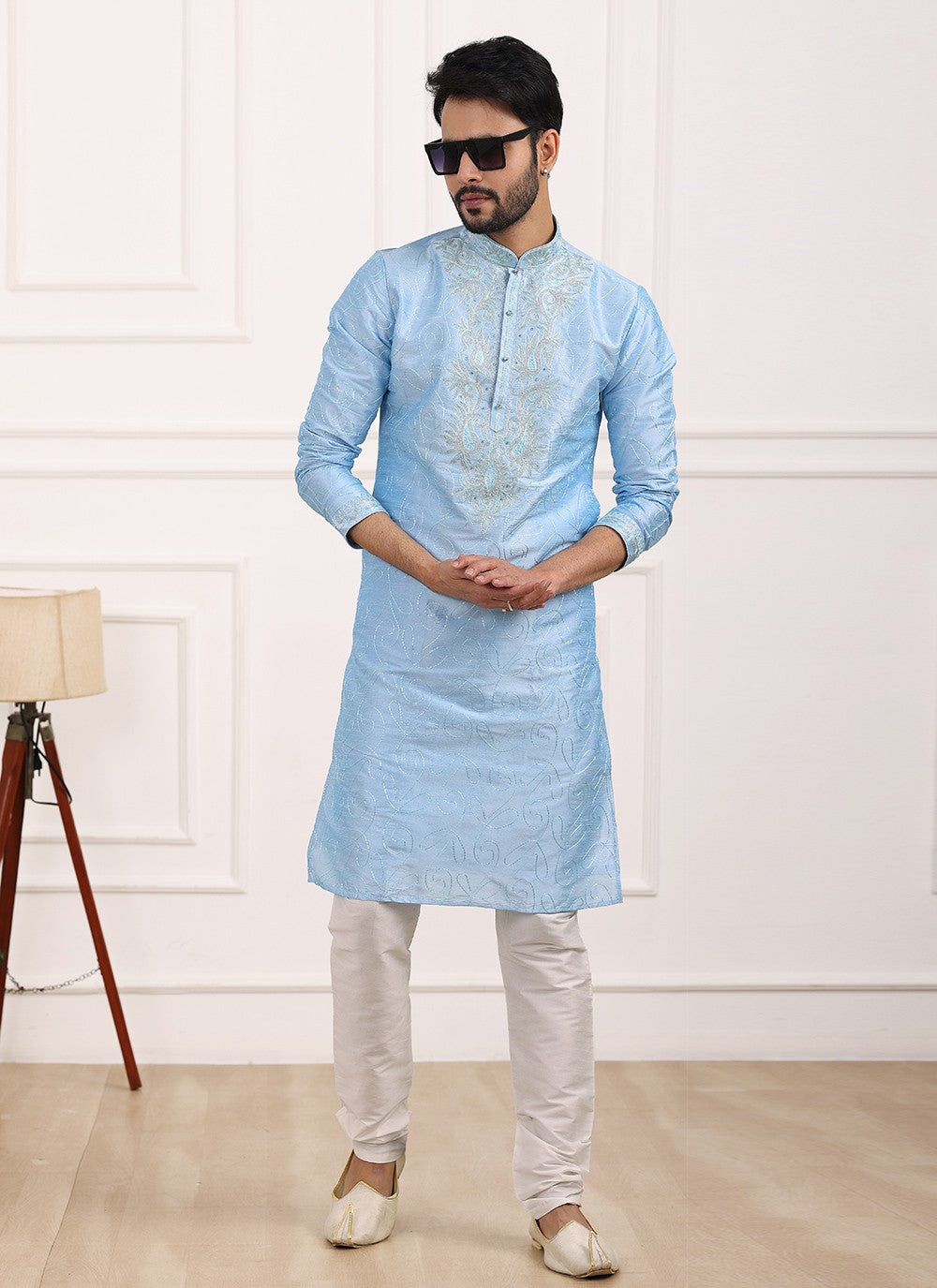 Thread Banarasi Silk Aqua Blue Kurta Pyjama - M6122