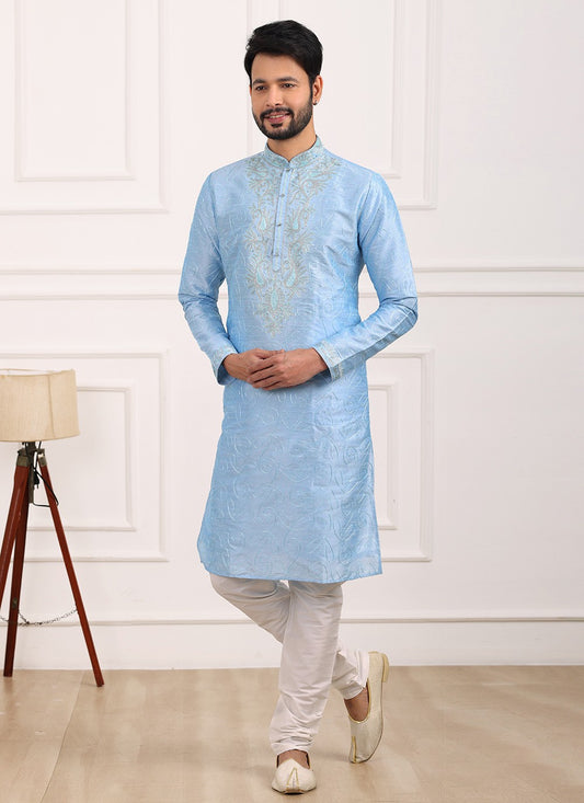 Thread Banarasi Silk Aqua Blue Kurta Pyjama - M6122