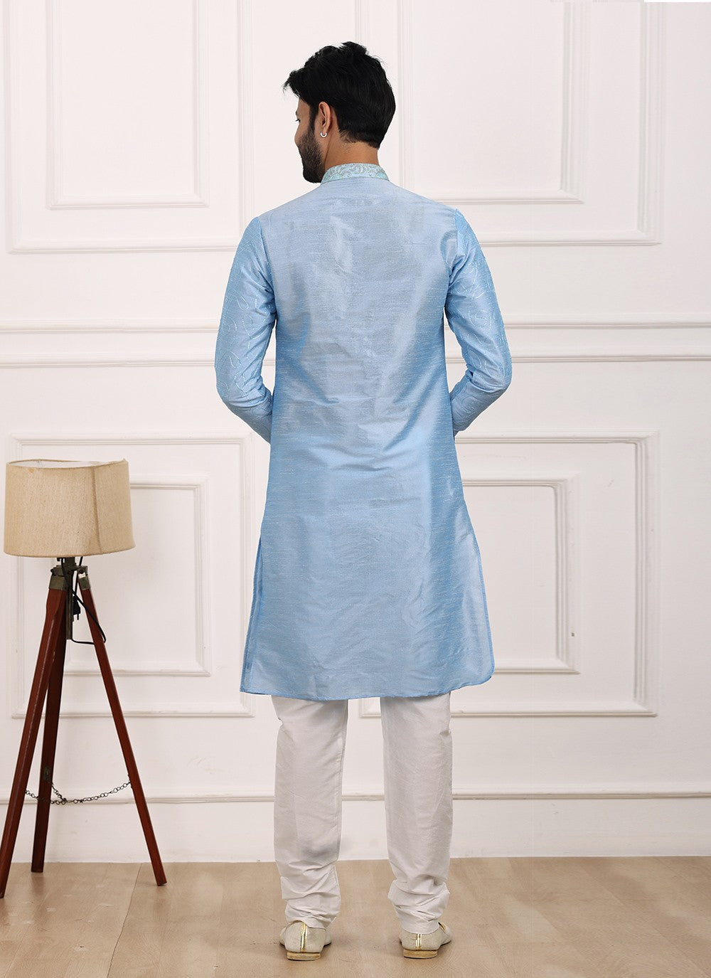 Thread Banarasi Silk Aqua Blue Kurta Pyjama - M6122