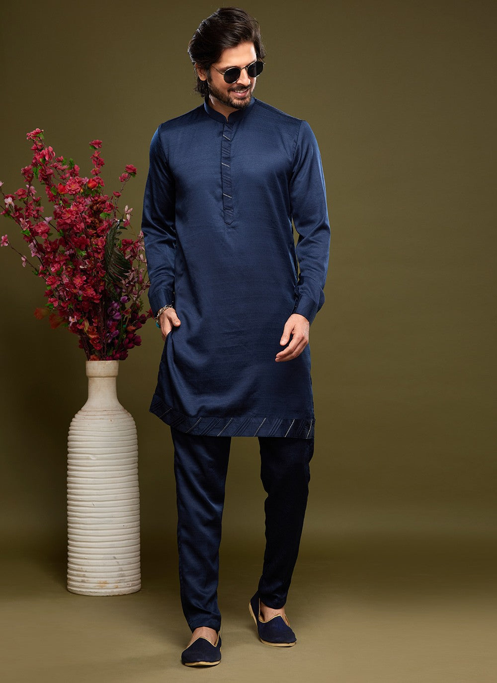 Thread Banarasi Silk Blue Kurta Pyjama - M6051