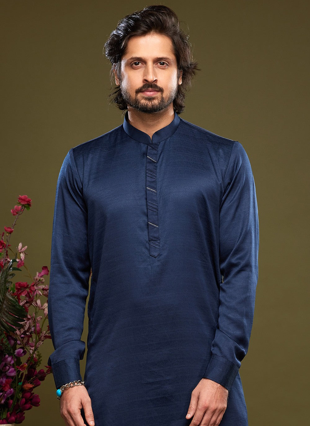 Thread Banarasi Silk Blue Kurta Pyjama - M6051