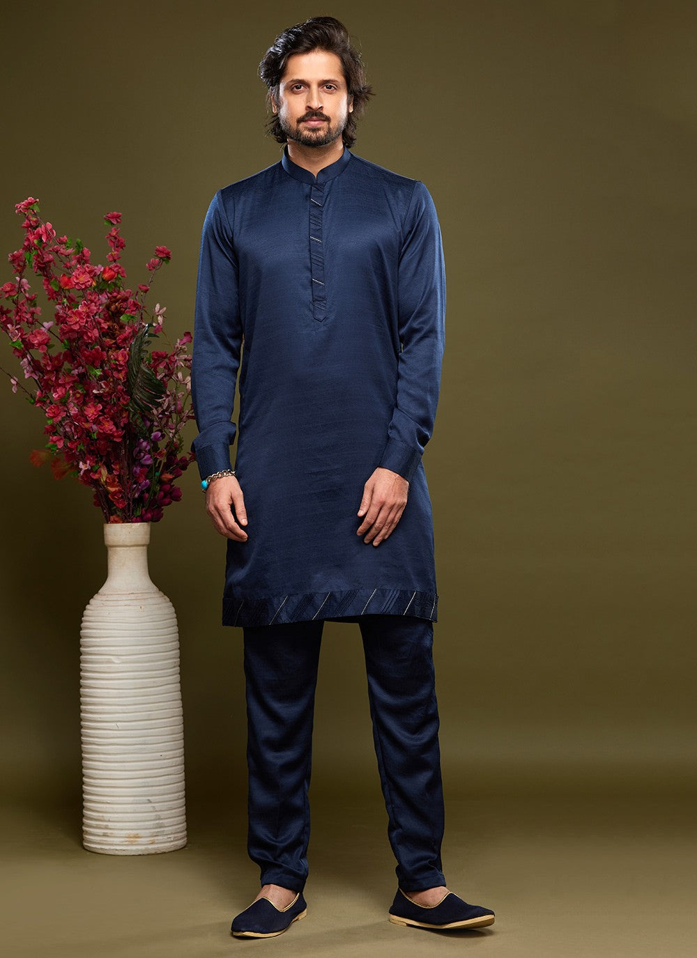 Thread Banarasi Silk Blue Kurta Pyjama - M6051