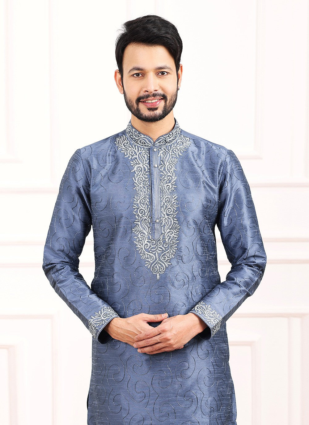 Thread Banarasi Silk Blue Kurta Pyjama - M6124