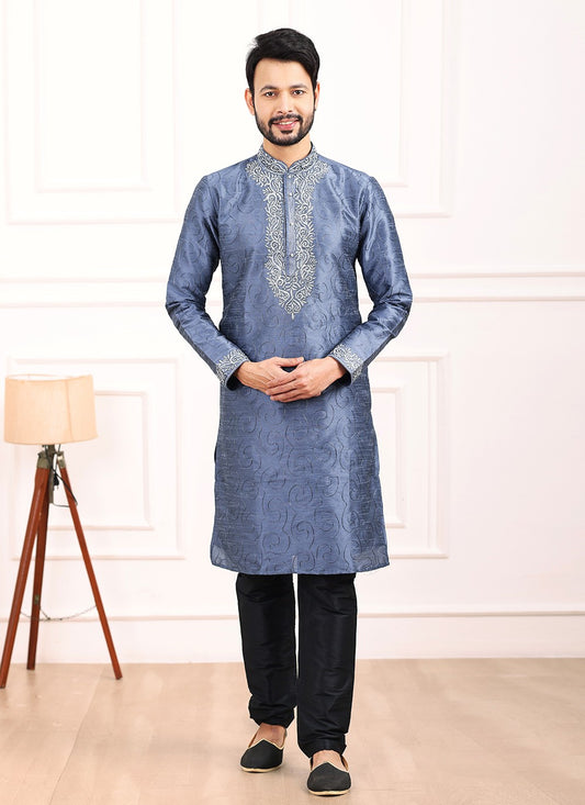 Thread Banarasi Silk Blue Kurta Pyjama - M6124