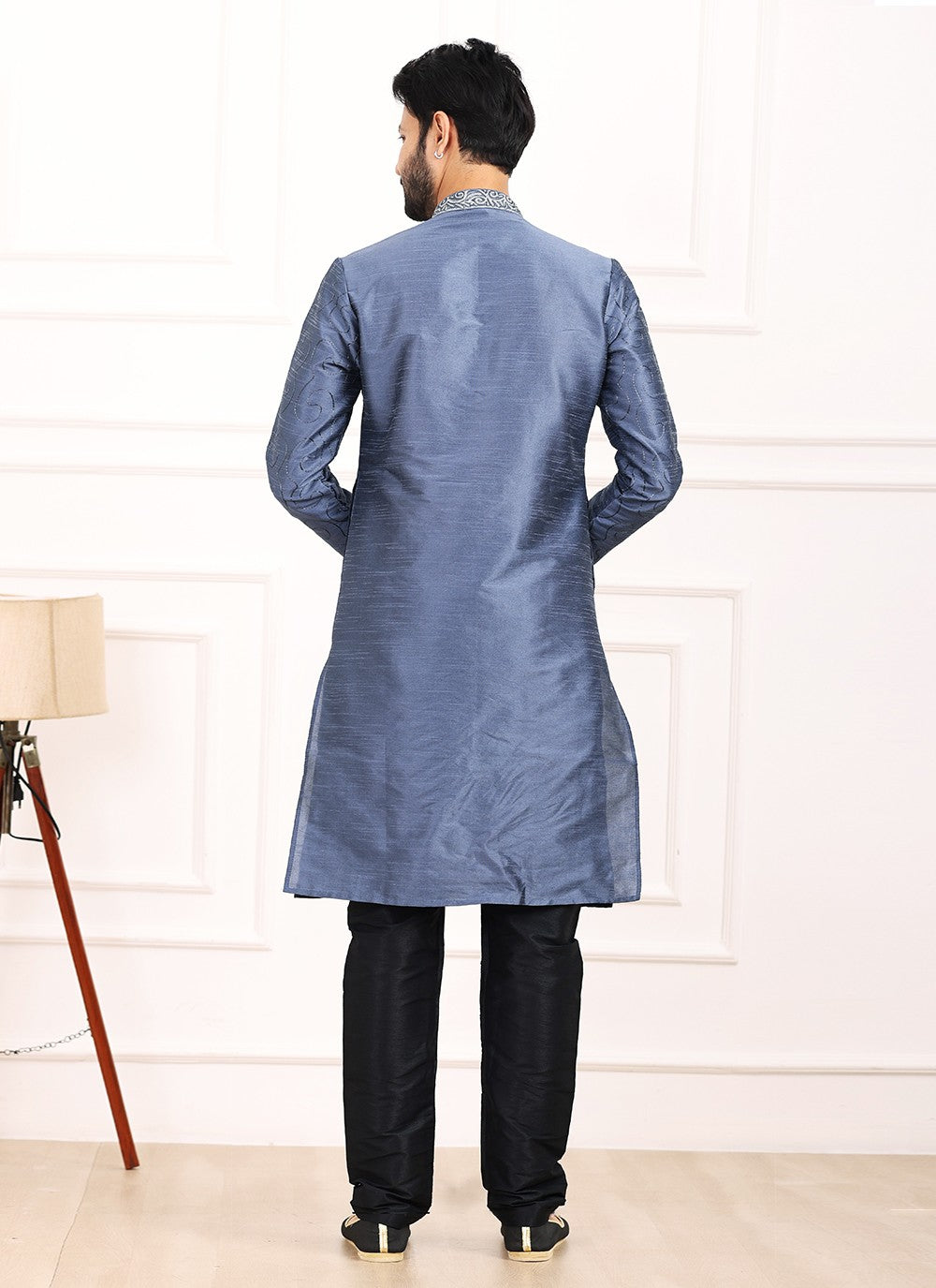 Thread Banarasi Silk Blue Kurta Pyjama - M6124