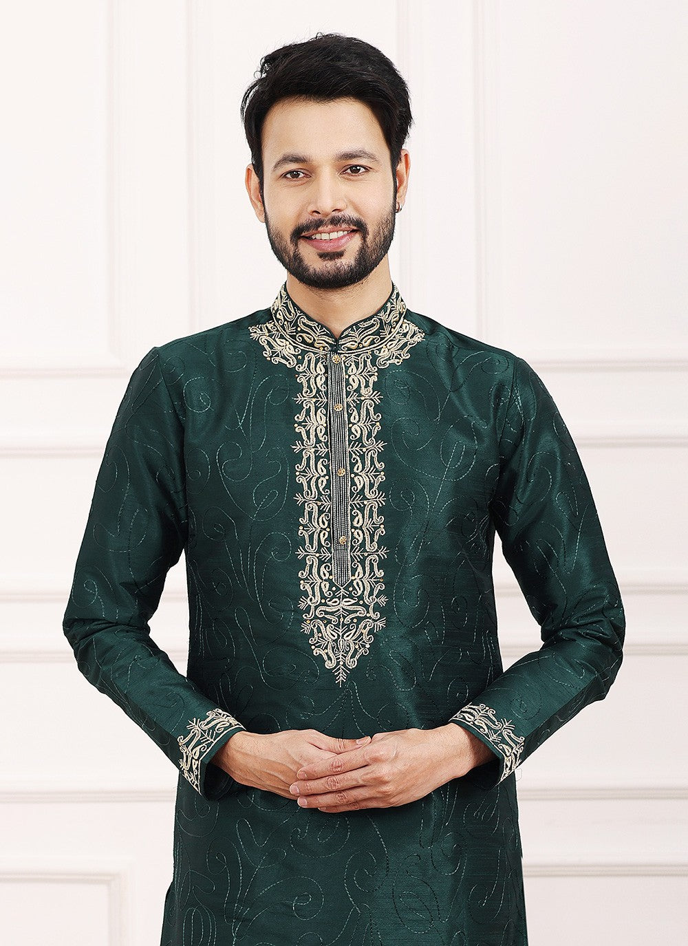 Thread Banarasi Silk Green Kurta Pyjama - M6133