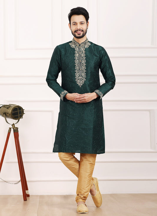 Thread Banarasi Silk Green Kurta Pyjama - M6133