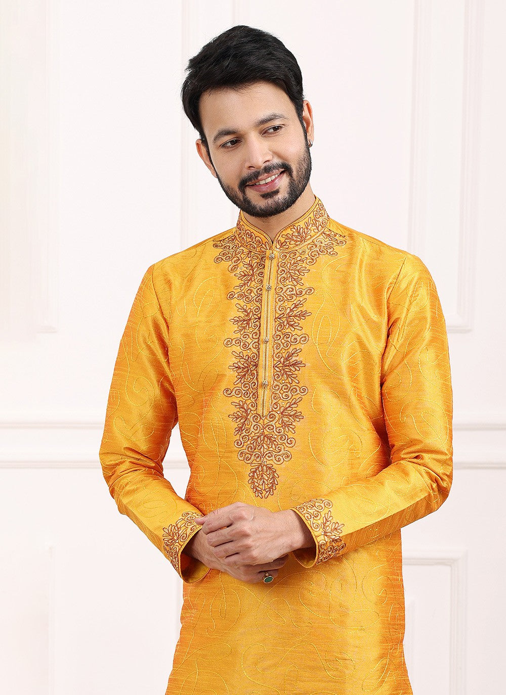 Thread Banarasi Silk Mustard Kurta Pyjama - M6130