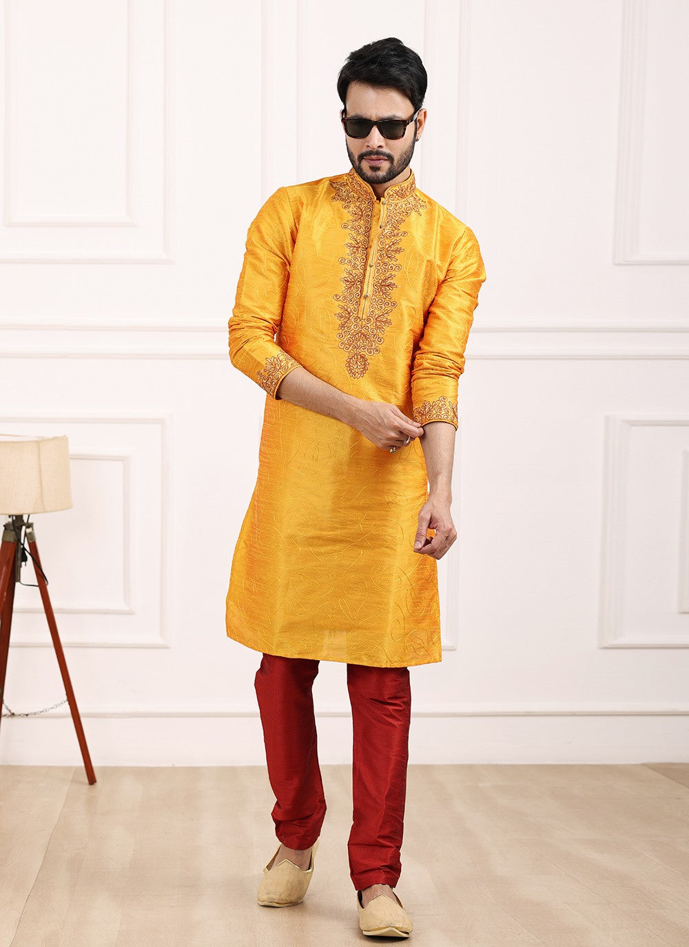 Thread Banarasi Silk Mustard Kurta Pyjama - M6130