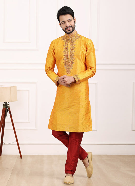 Thread Banarasi Silk Mustard Kurta Pyjama - M6130