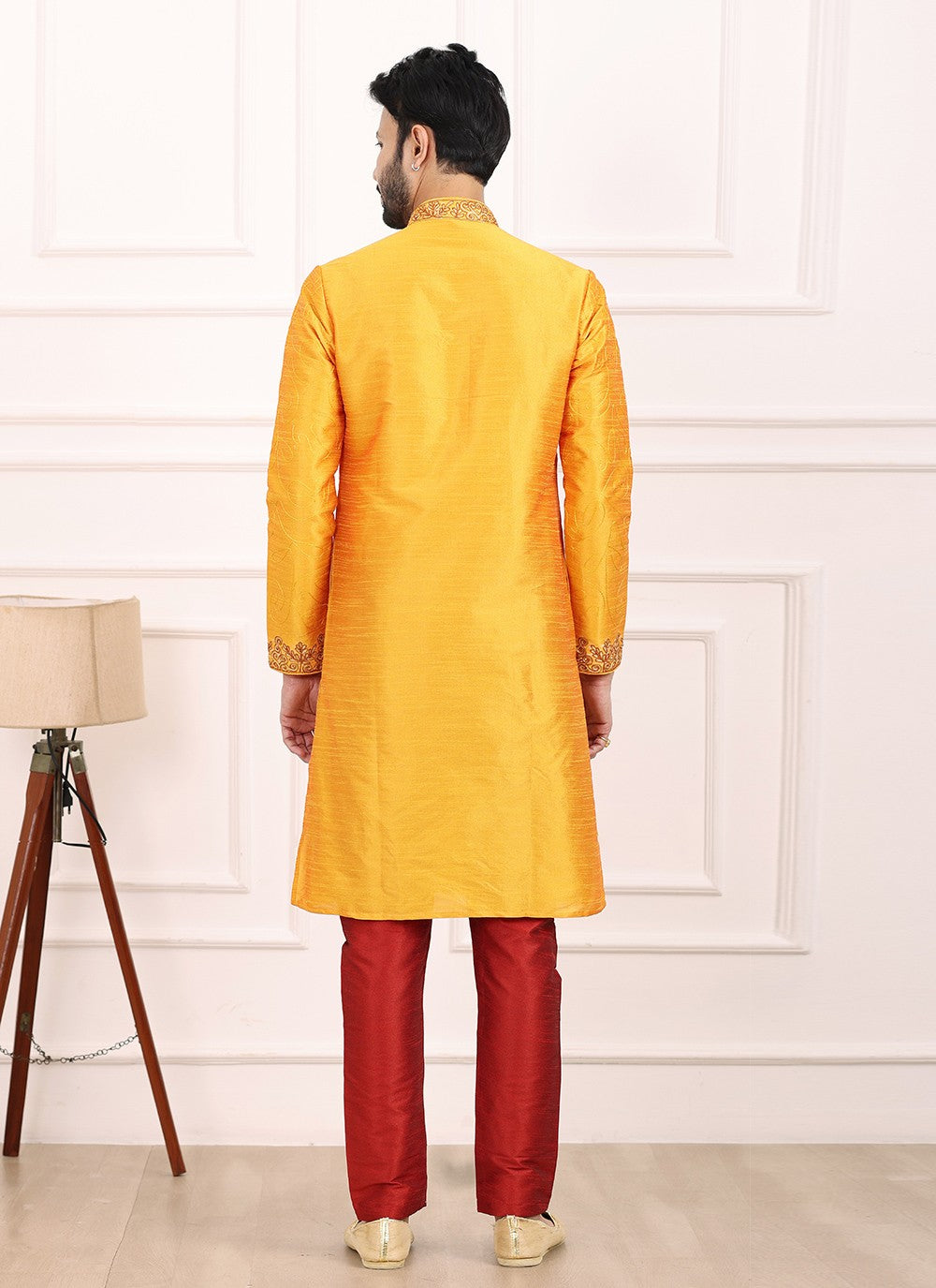 Thread Banarasi Silk Mustard Kurta Pyjama - M6130