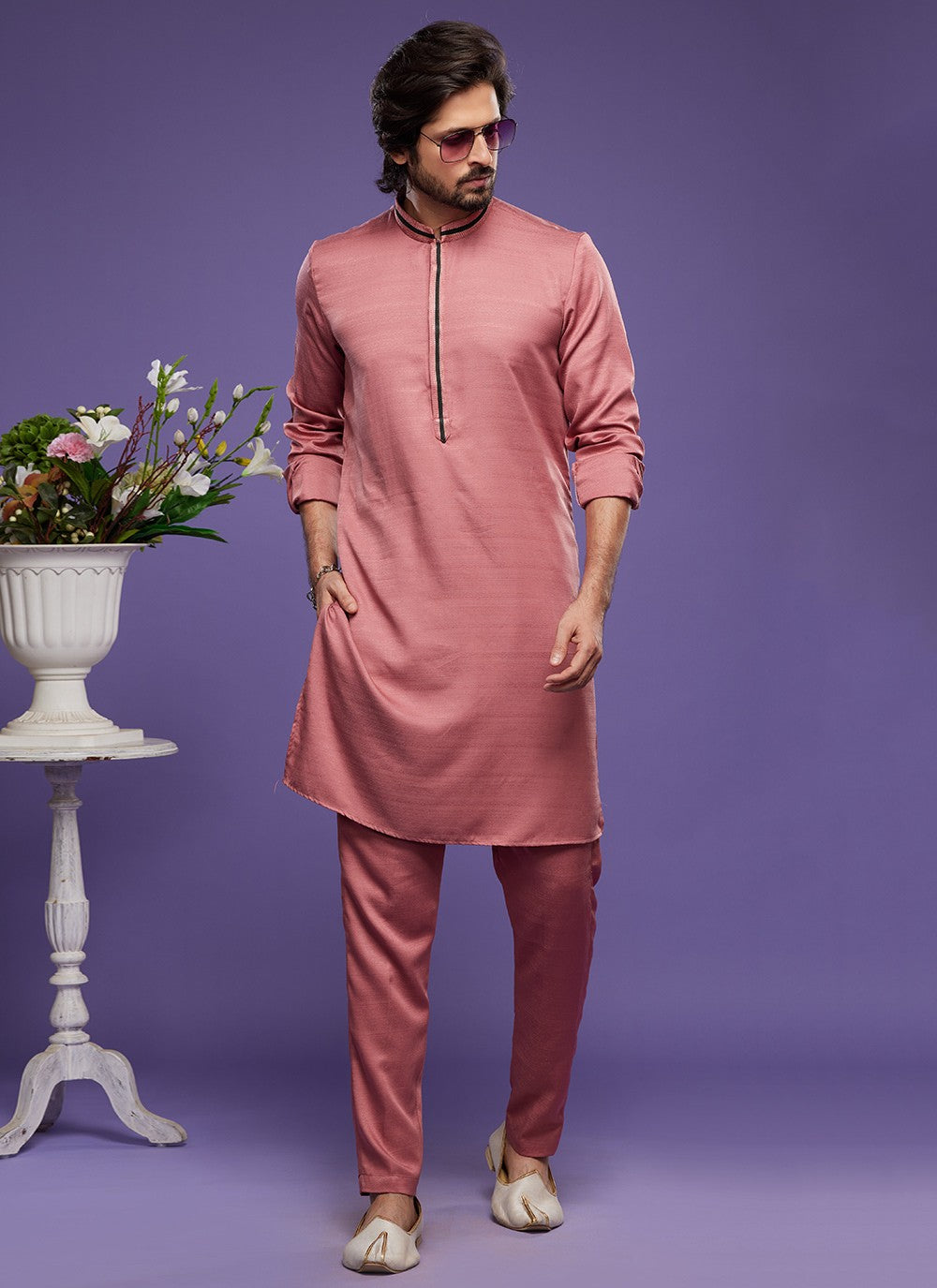 Thread Banarasi Silk Pink Kurta Pyjama - M6053