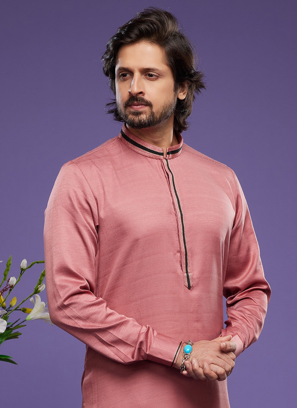 Thread Banarasi Silk Pink Kurta Pyjama - M6053