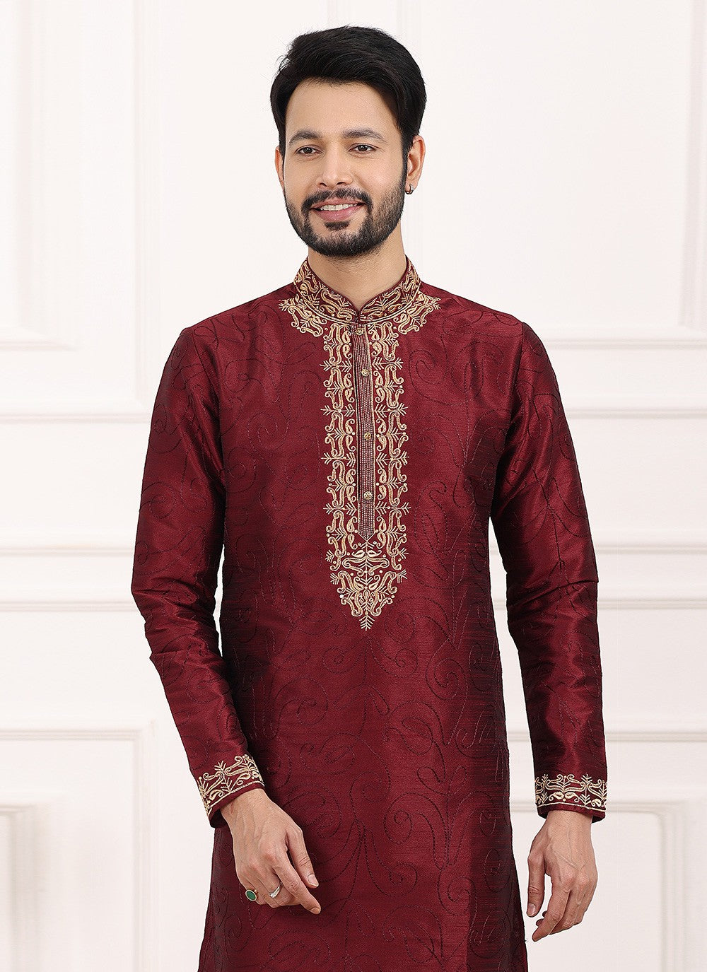 Thread Banarasi Silk Maroon Kurta Pyjama - M6134