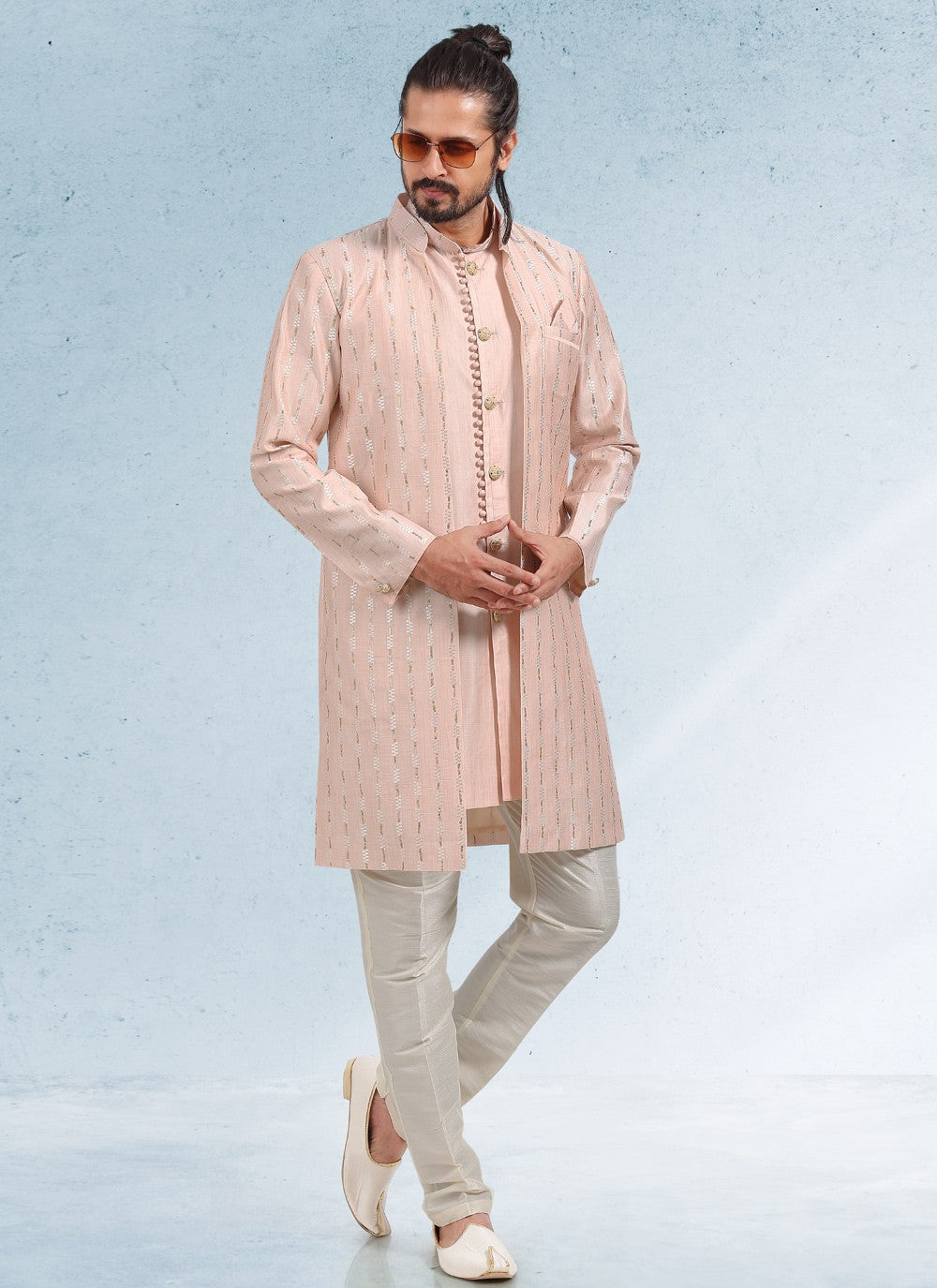 Thread Banarasi Silk Peach Kurta Payjama With Jacket - M4605