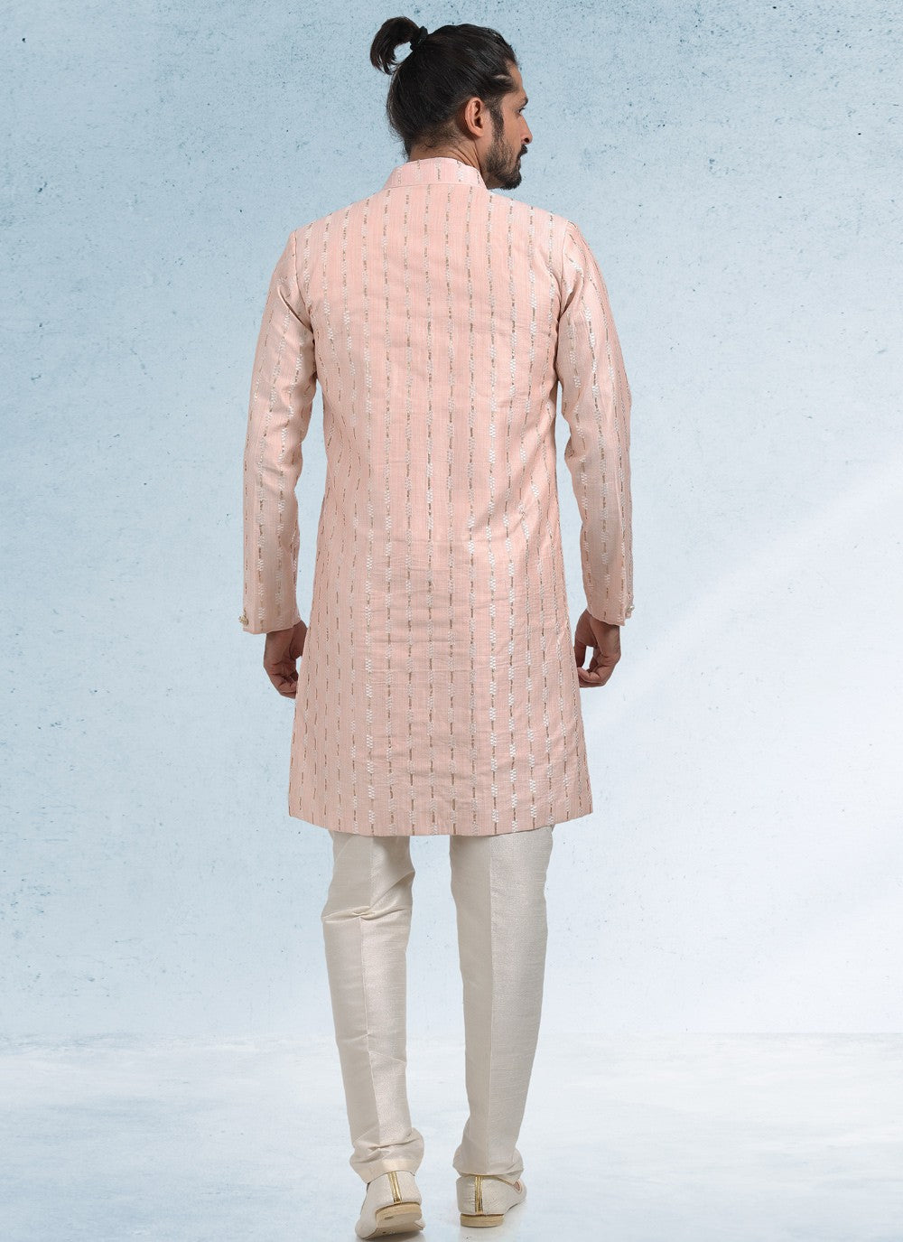 Thread Banarasi Silk Peach Kurta Payjama With Jacket - M4605