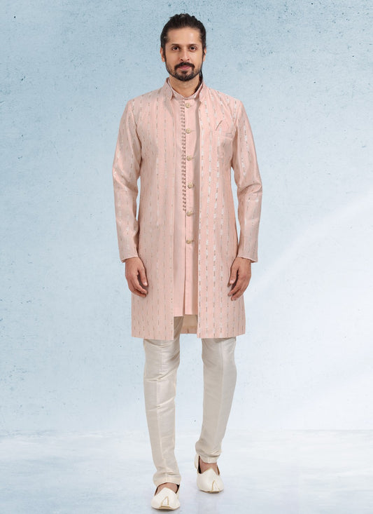 Thread Banarasi Silk Peach Kurta Payjama With Jacket - M4605