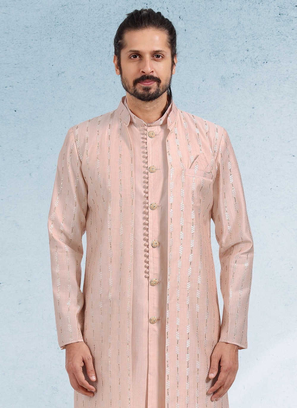 Thread Banarasi Silk Peach Kurta Payjama With Jacket - M4605