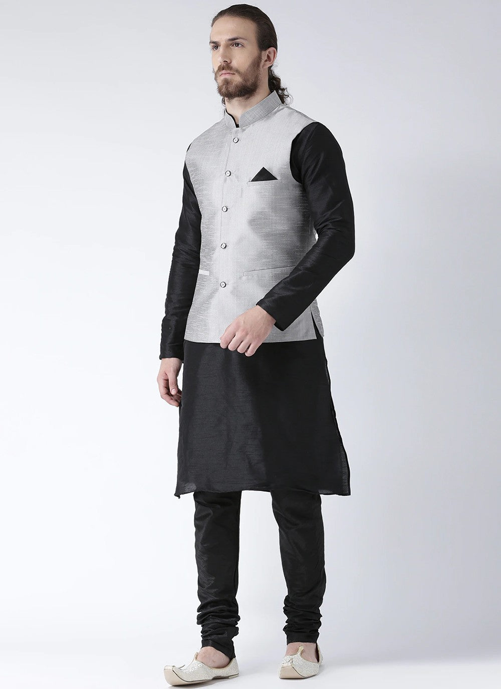 Plain Art Dupion Silk Black, Silver Kurta Payjama With Jacket - M2452