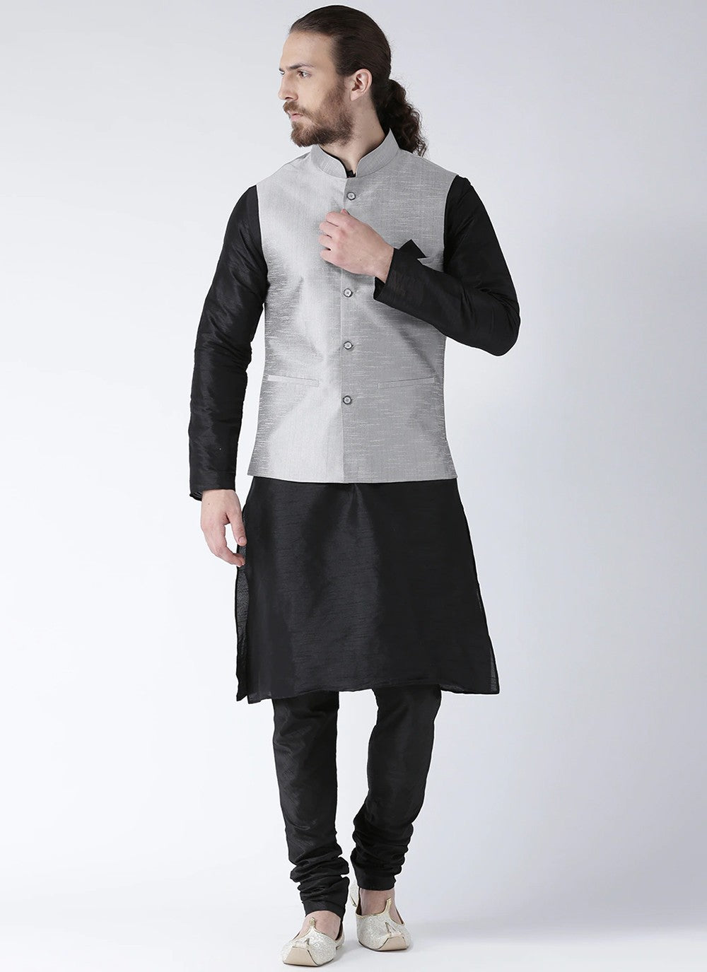 Plain Art Dupion Silk Black, Silver Kurta Payjama With Jacket - M2452