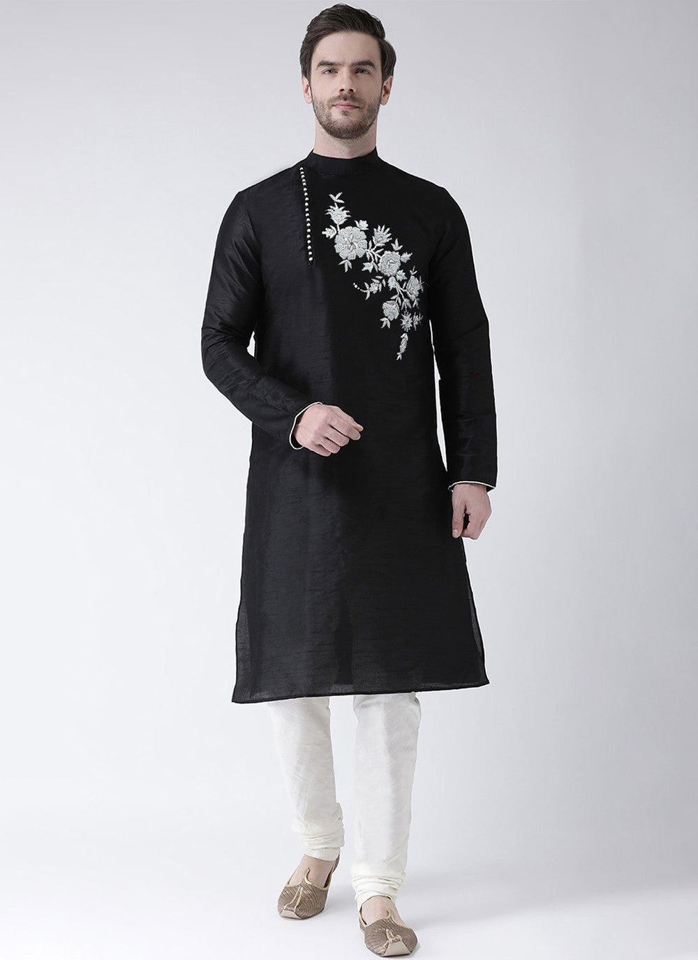 Embroidered Art Dupion Silk Black Kurta Pyjama - M3501