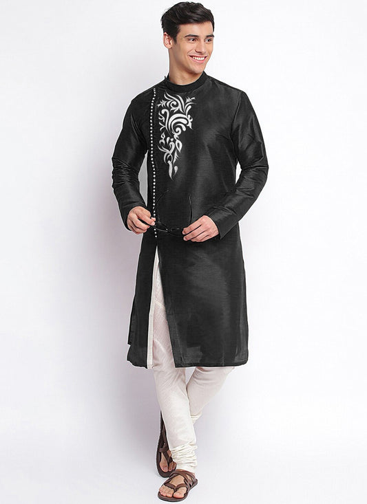 Embroidered Art Dupion Silk Black Kurta Pyjama - M4220