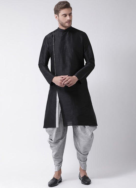 Plain Art Dupion Silk Black Kurta Pyjama - M1220