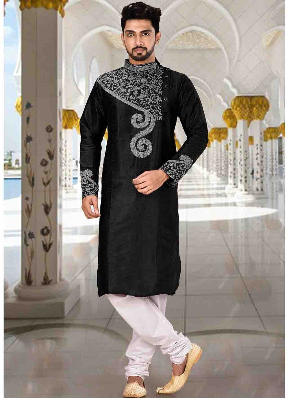 Embroidered Art Dupion Silk Black Kurta Pyjama - M1599