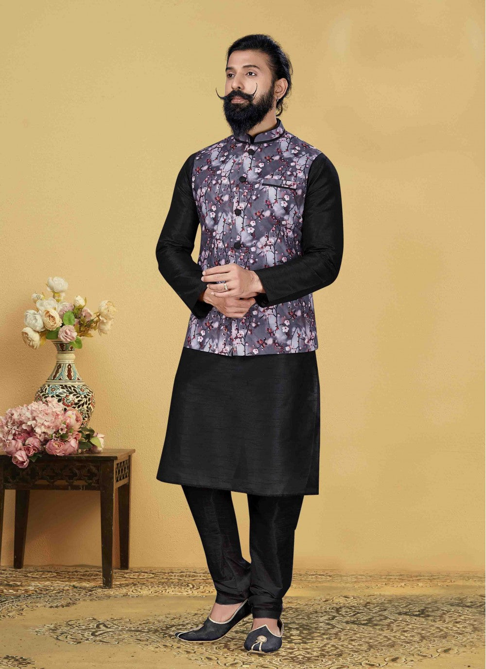 Printed Art Dupion Silk Black Kurta Payjama With Jacket - M1727