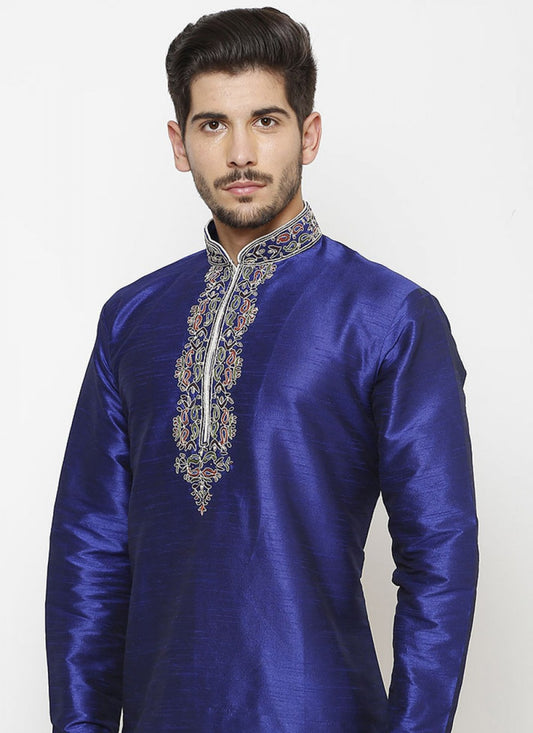 Embroidered Art Dupion Silk Blue Kurta - M1206