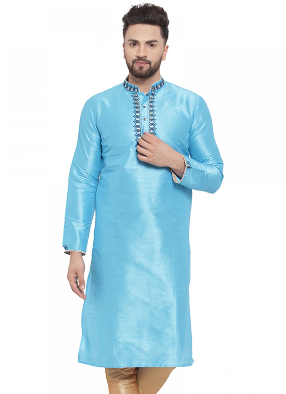 Embroidered Art Dupion Silk Blue Kurta - M1379