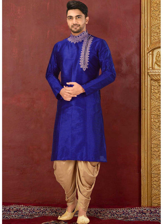 Embroidered Art Dupion Silk Blue Kurta Payjama With Jacket - M1587