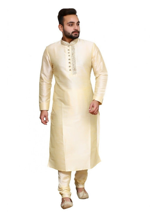 Embroidered Art Dupion Silk Cream Kurta Pyjama - M1297